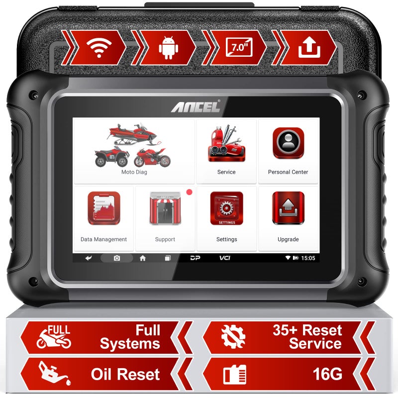 أداة تشخيص الدراجات النارية ANCEL MT700 OBD2 لجميع الأنظمة ABS ونقل الحركة مع 35 وظيفة إعادة تعيين لدراجات Aprilia وBenelli وMMW وBRP وDucati وHarley وHonda وIndian وSuzuki وشاشة تعمل باللمس 7 بوصات وذاكرة 16 جيجابايت